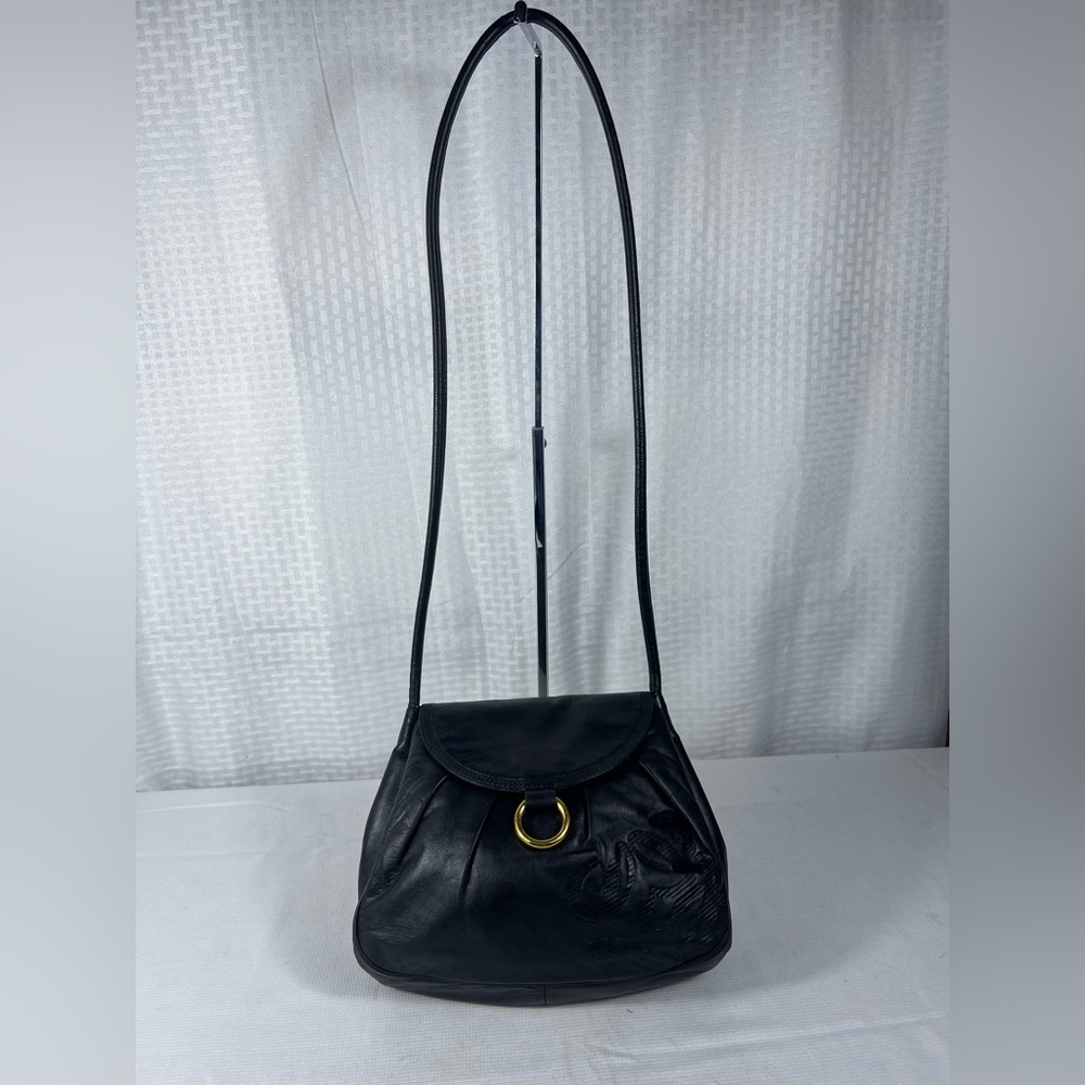 Vintage Loewe Anagram Ring Flap Crossbody Bag Black Leather